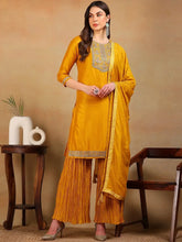 Women Yellow Silk Blend Embroidered Straight Kurta Palazzo Set
